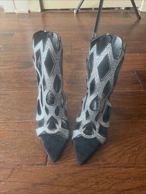 Cape Robbin Black Pointed-Toe Cutout Heels with Silver Rhinestones